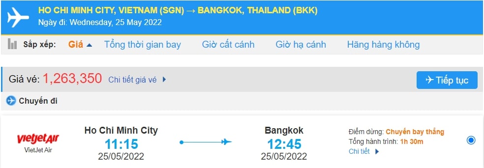 Giá tham khảo của vé một chiều bay từ thành phố Hồ Chí Minh sang Thái Lan